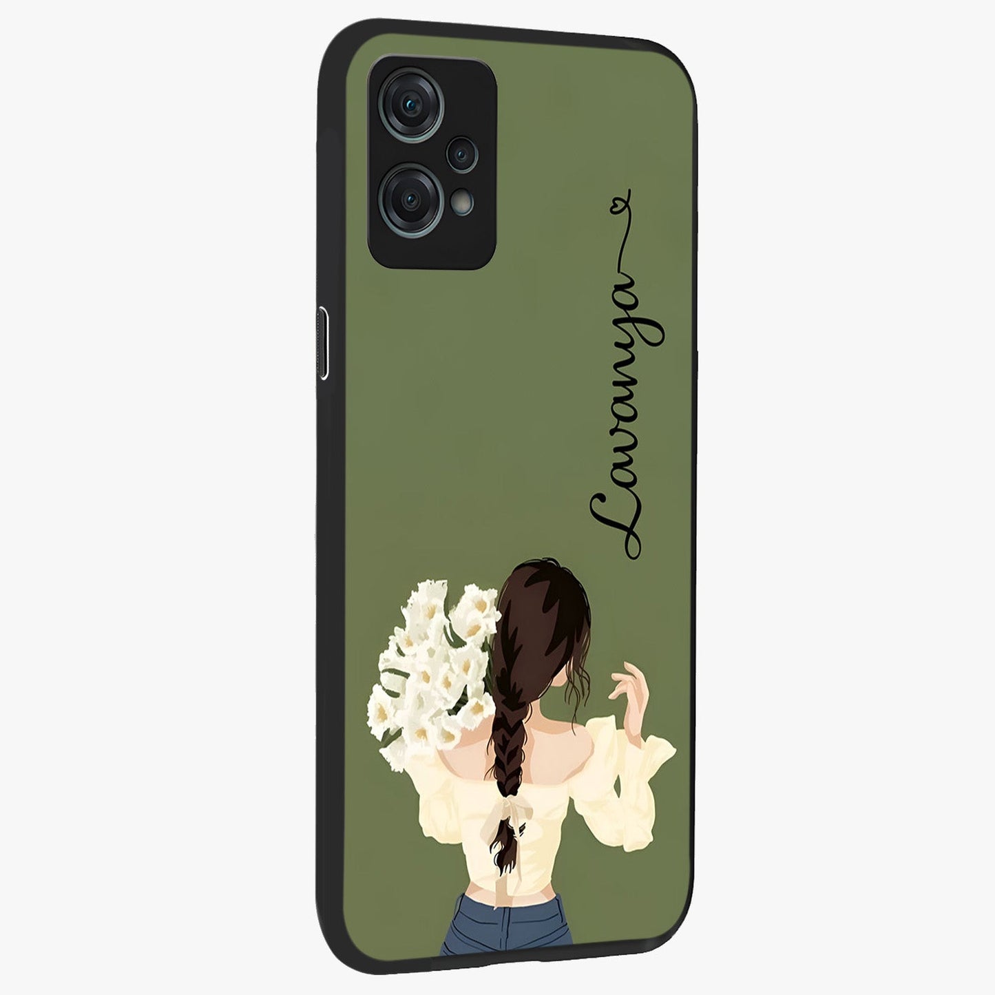 Braided Spring Beauty With Custom Name Glass Case for 1+Nord Ce 2 Lite side perspective highlighting custom name typography and smooth edges