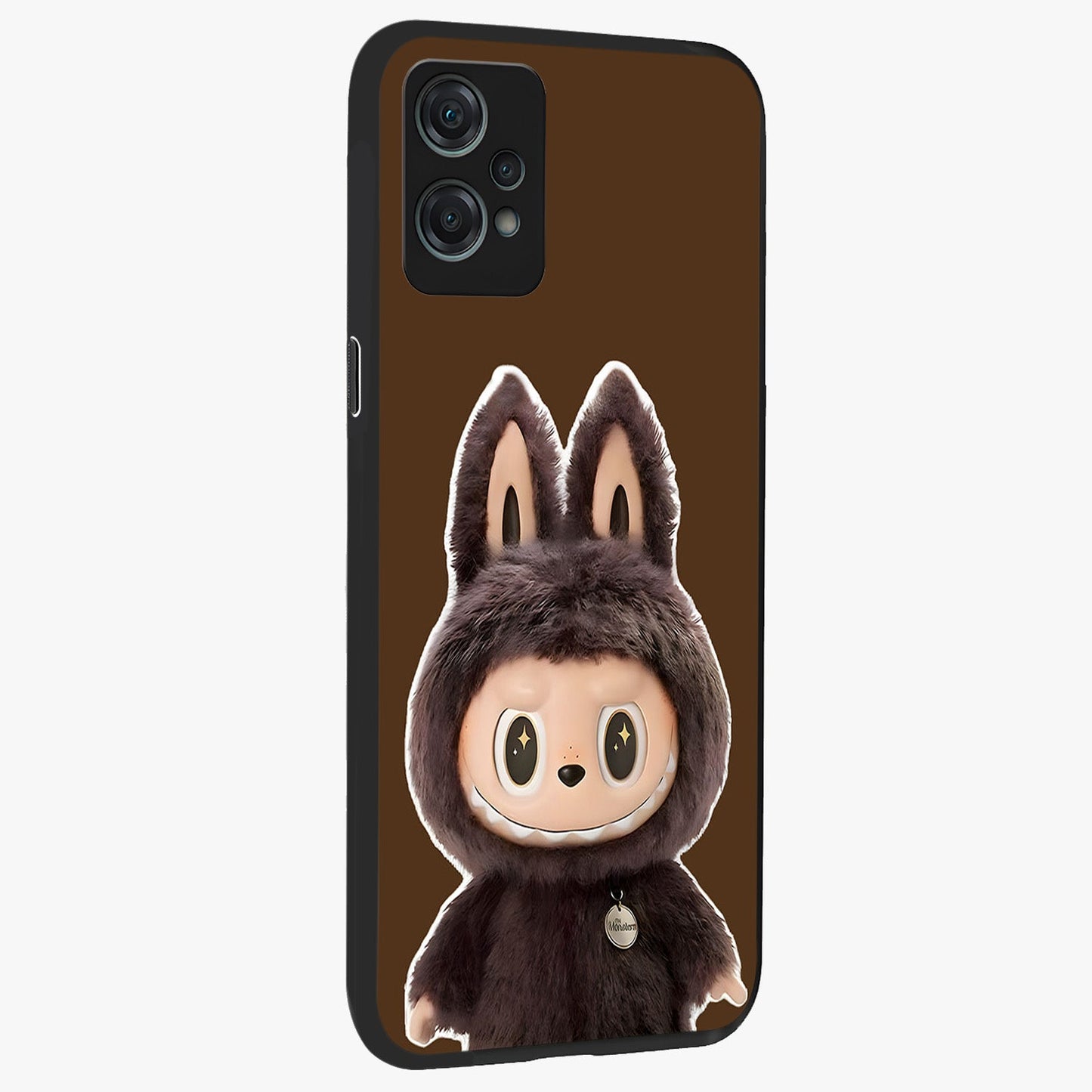 Brown Labubu Design Glass Case for 1+Nord Ce 2 Lite side perspective highlighting charming character detailing and smooth edges