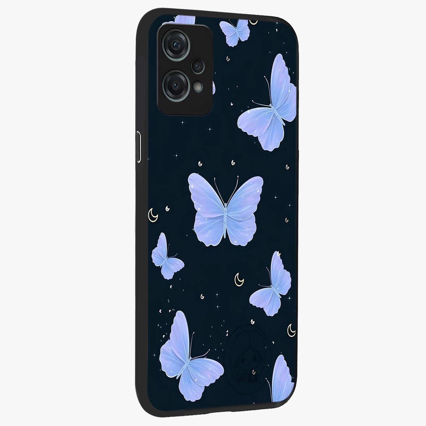 Butterfly With Stars Pattern Glass Case for 1+Nord Ce 2 Lite side perspective highlighting glowing star details and premium edges