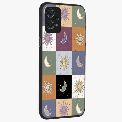 Celestial Patchwork Dreams Glass Case for 1+Nord Ce 2 Lite side perspective highlighting vibrant patchwork detailing and sleek edges