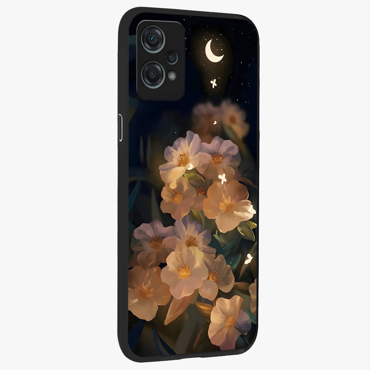 Celestial Petal Night Glass Case for 1+Nord Ce 2 Lite side perspective highlighting delicate petal details and premium edges