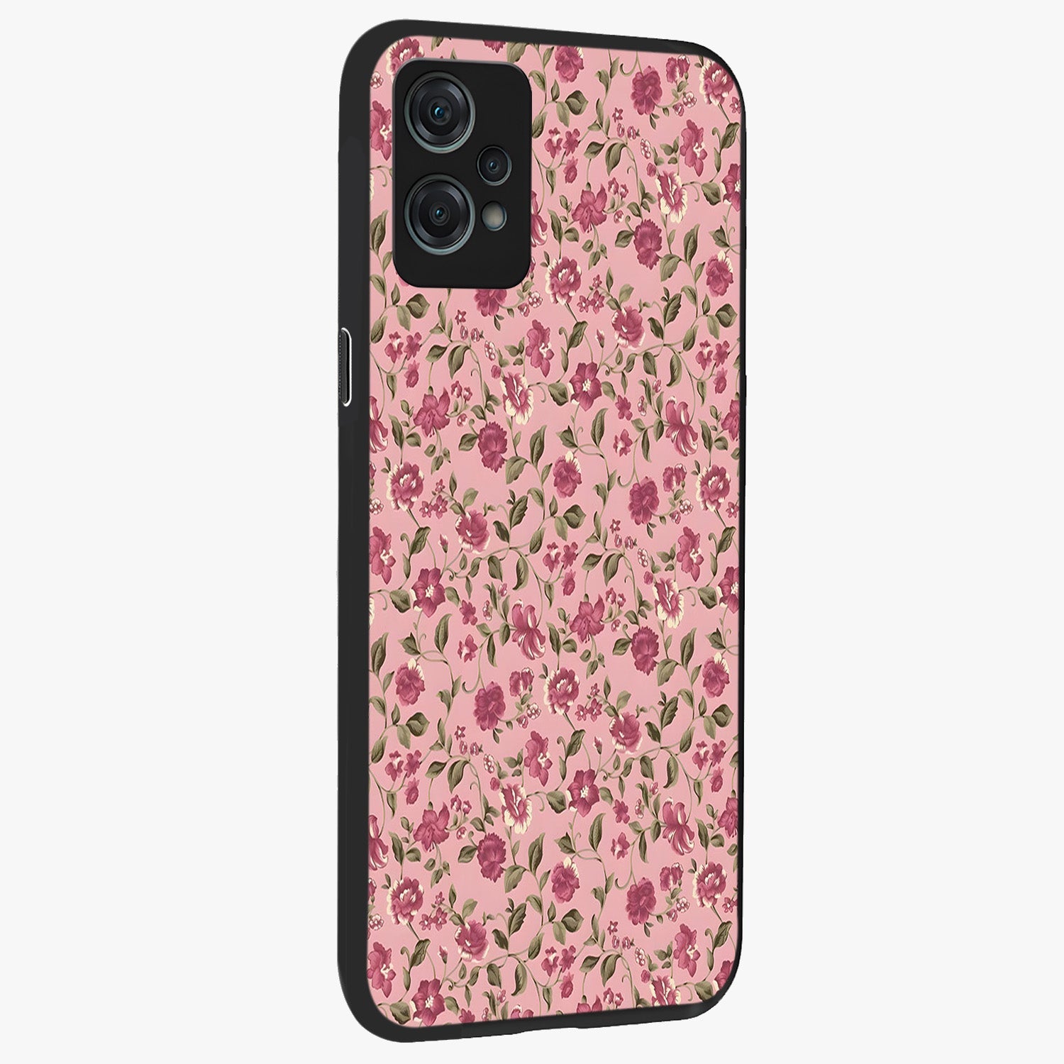 Charming Pink Floral Glass Case for 1+Nord Ce 2 Lite side perspective highlighting subtle floral textures and smooth edges