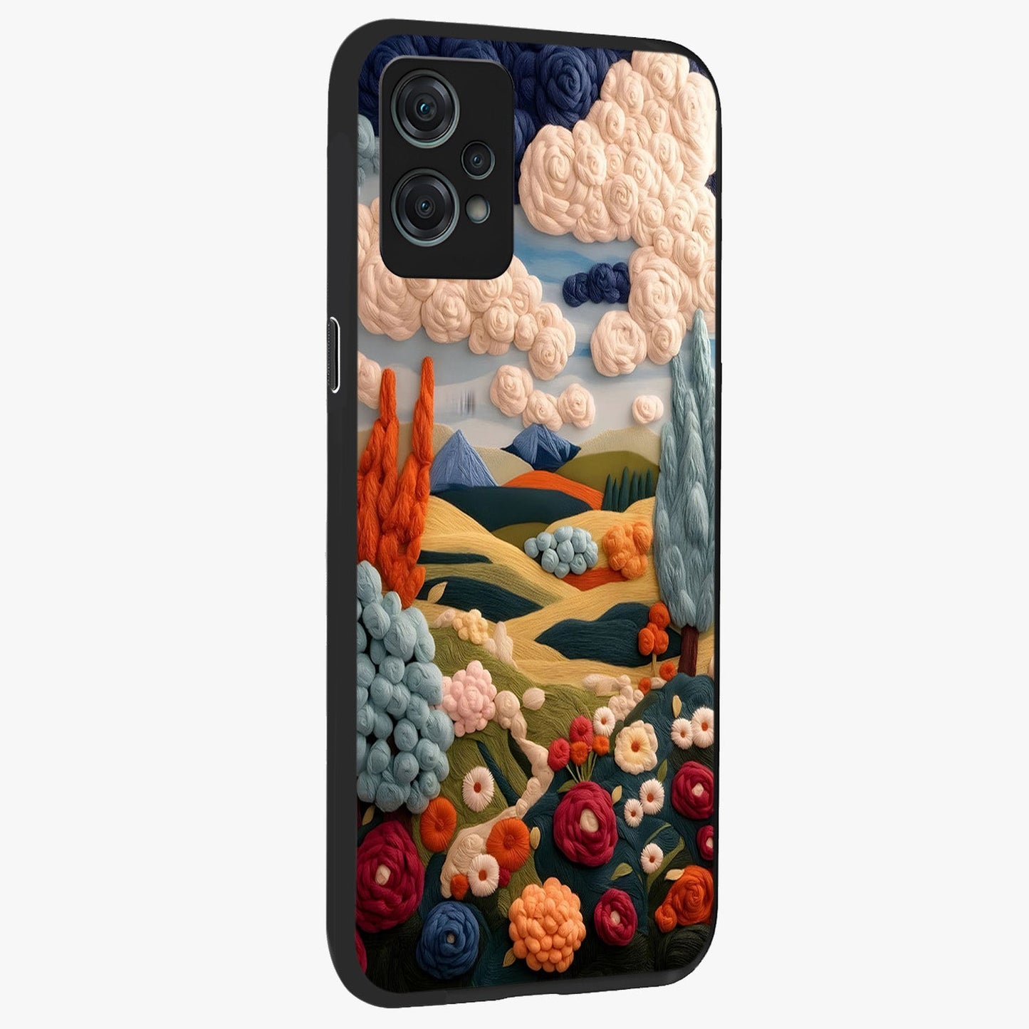 Cloud Cotton Meadows Printed Glass Case for 1+Nord Ce 2 Lite side perspective highlighting smooth edges and delicate meadow detailing