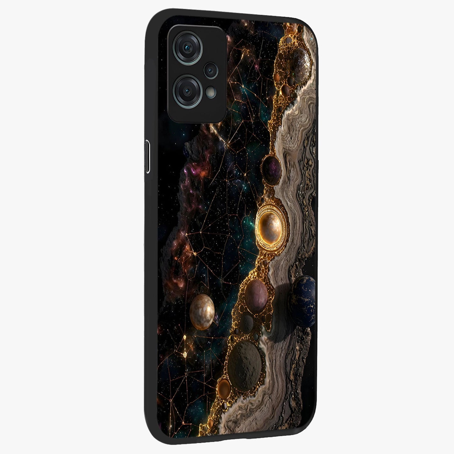 Cosmic Gold Path Glass Case for 1+Nord Ce 2 Lite side perspective highlighting premium metallic detailing and sleek edges