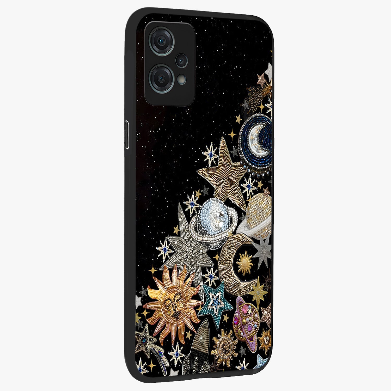 Cosmic Sparkle Dreams Glass Case for 1+Nord Ce 2 Lite side perspective highlighting shimmering textures and sleek edges