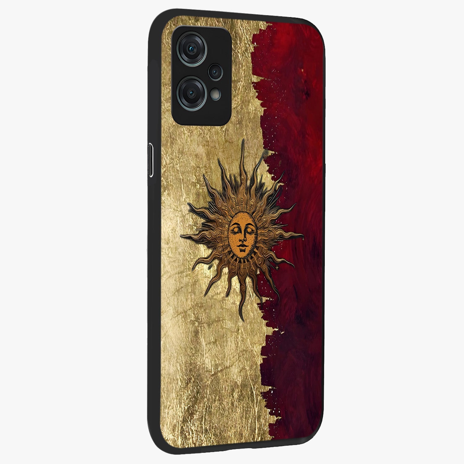 Crimson Sun Majesty Glass Case for 1+Nord Ce 2 Lite side perspective highlighting vibrant sun detailing and smooth edges