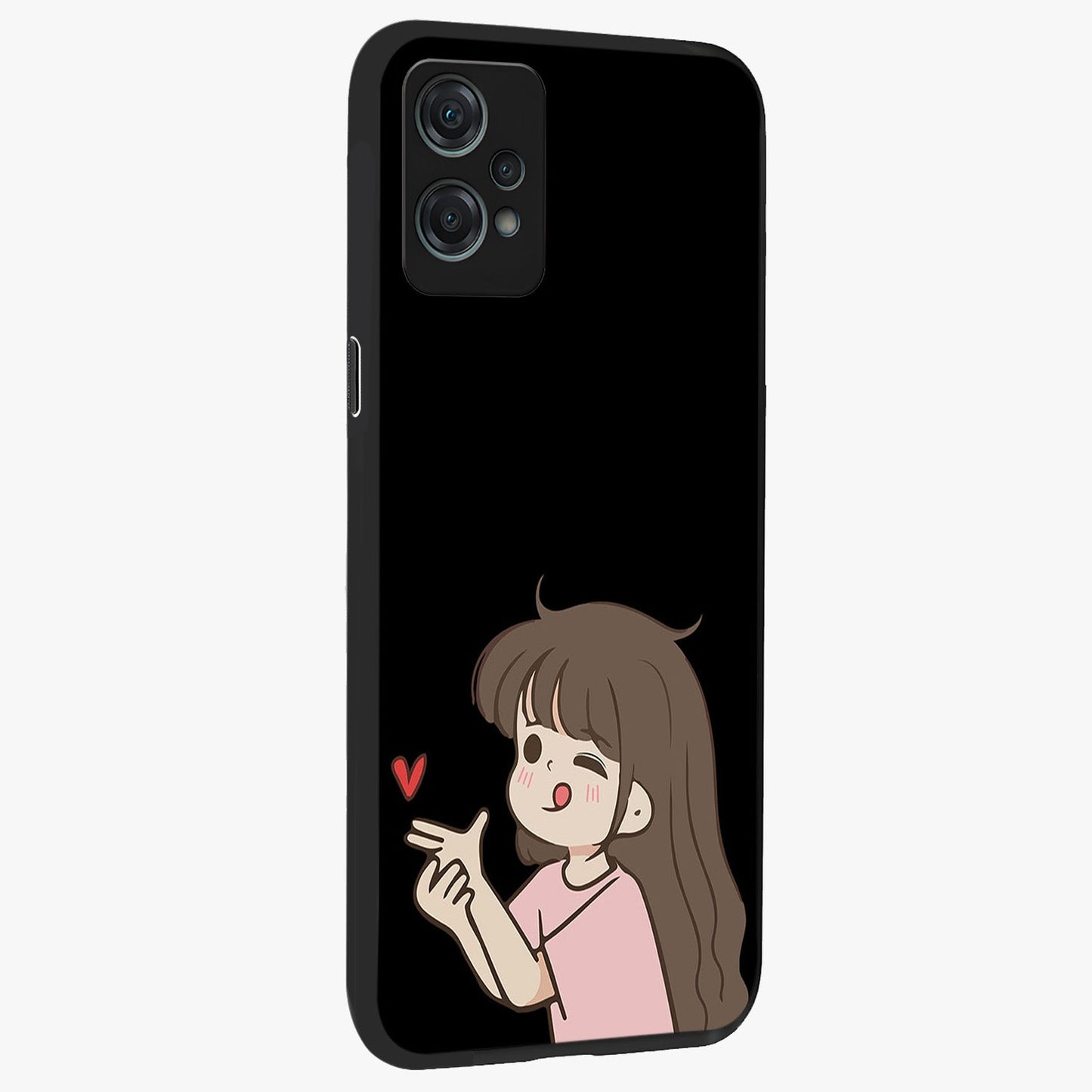 Cute Girl Firing Heart Glass Case for 1+Nord Ce 2 Lite side perspective highlighting playful design elements and sleek build