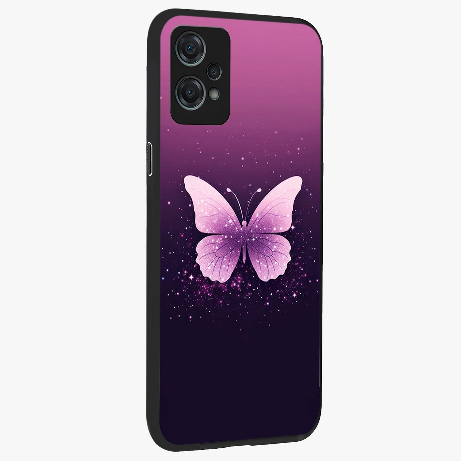 Cute Starry Butterfly Glass Case for 1+Nord Ce 2 Lite side perspective highlighting glowing star details and sleek edge finish