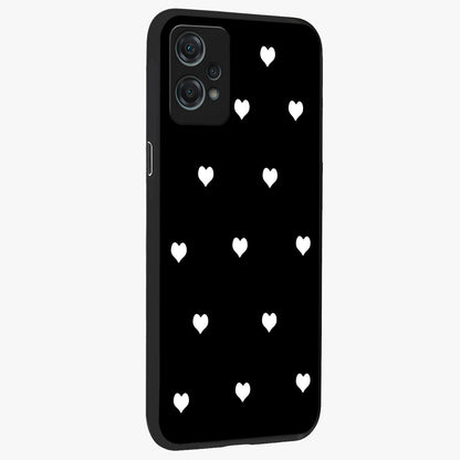 Cute Simple White Hearts Glass Case for 1+Nord Ce 2 Lite side perspective highlighting dramatic contrast and premium build