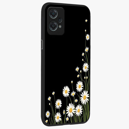 Daisy Cascade on Black Glass Case for 1+Nord Ce 2 Lite side perspective highlighting delicate daisy detailing and smooth edges