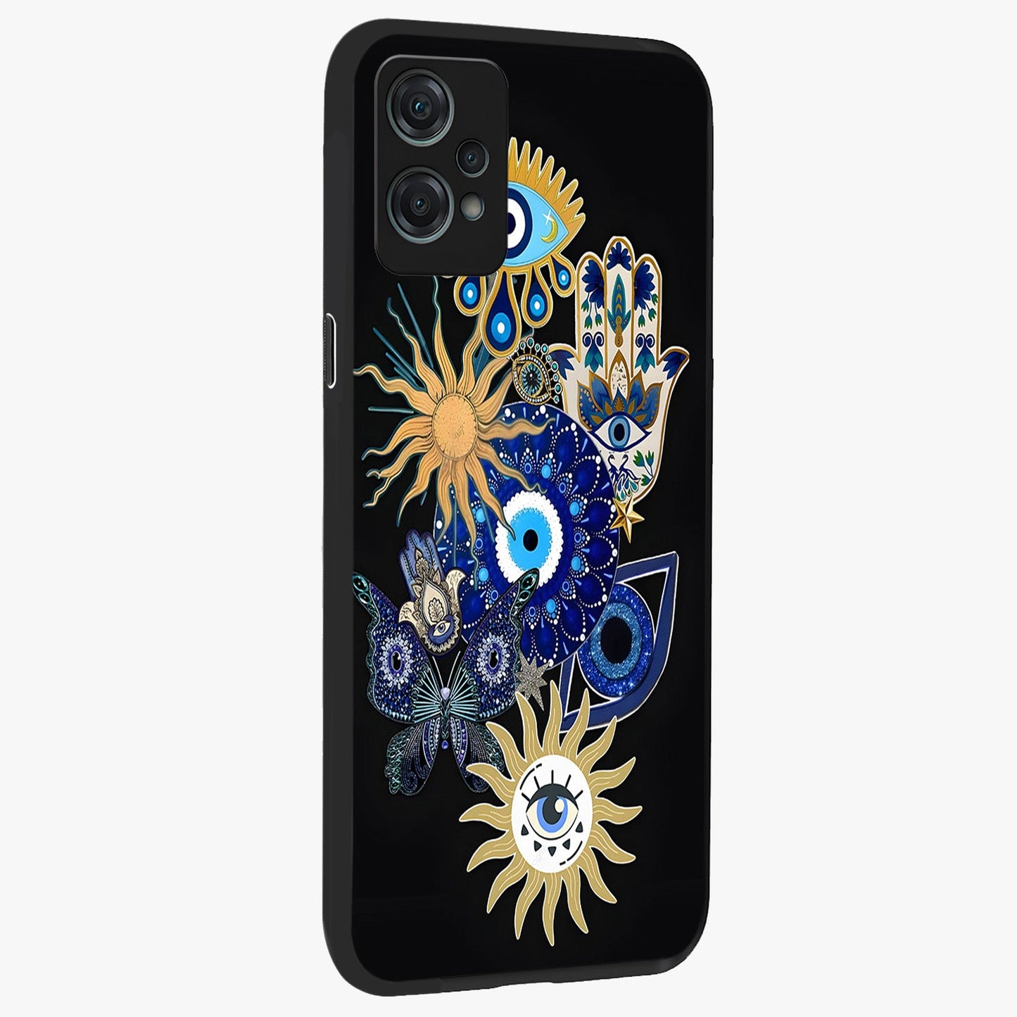 Evil Eye Charm Vibes Glass Case for 1+Nord Ce 2 Lite side perspective highlighting vibrant textures and premium edge finish