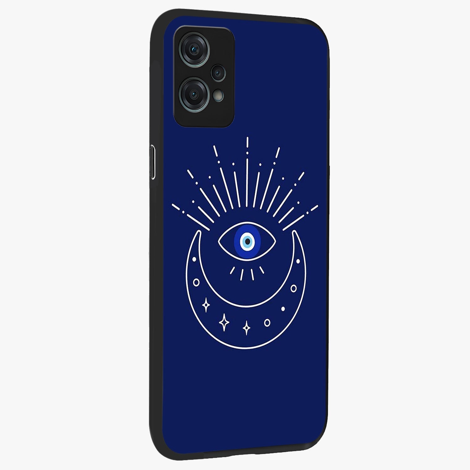 Evil Eye With Blue Themed Collage Glass Case for 1+Nord Ce 2 Lite side perspective highlighting bold collage detailing and smooth edges