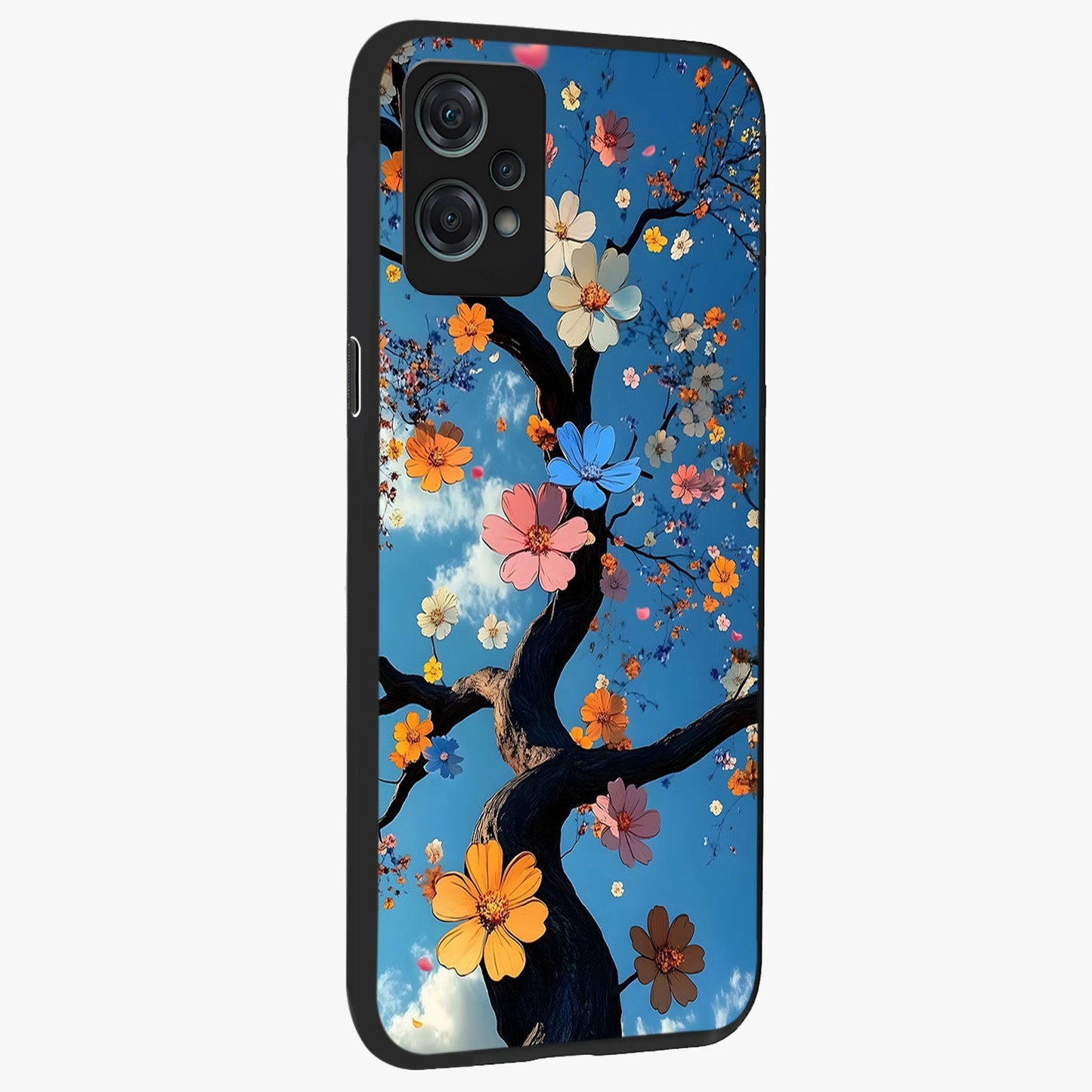 Floral Tree Glass Case for 1+Nord Ce 2 Lite side perspective highlighting vibrant floral patterns and sleek edges