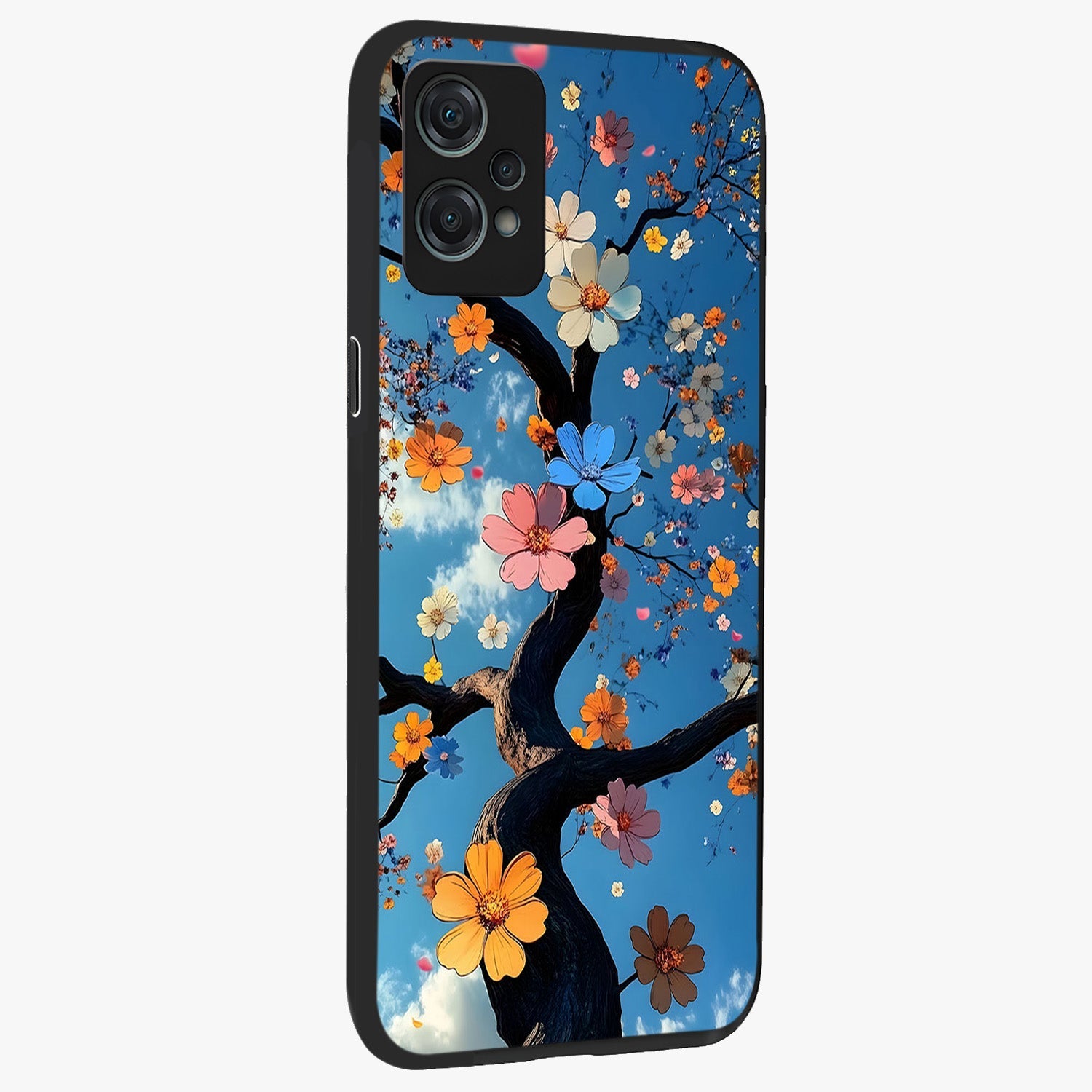 Floral Tree Glass Case for 1+Nord Ce 2 Lite side perspective highlighting vibrant floral patterns and sleek edges