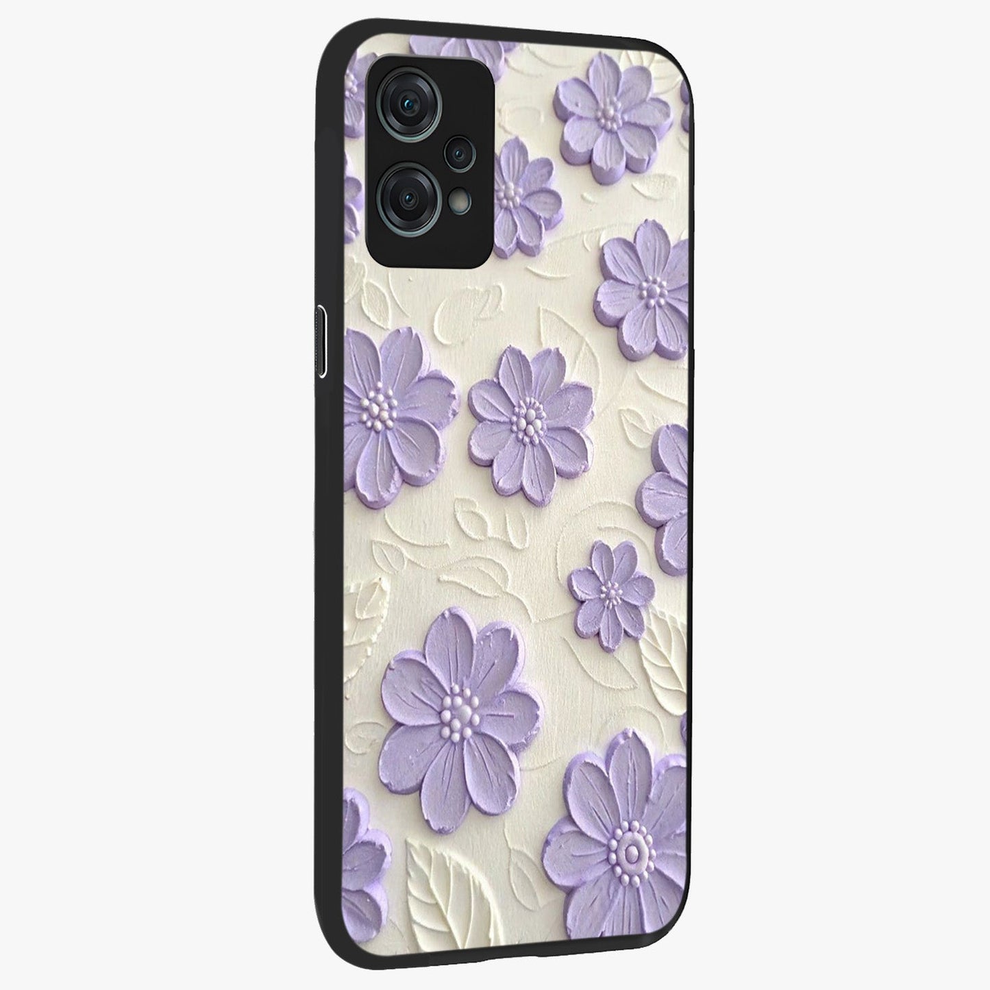 Floral Wall Art With Purple Flowers Glass Case for 1+Nord Ce 2 Lite side perspective highlighting delicate bloom details and premium build