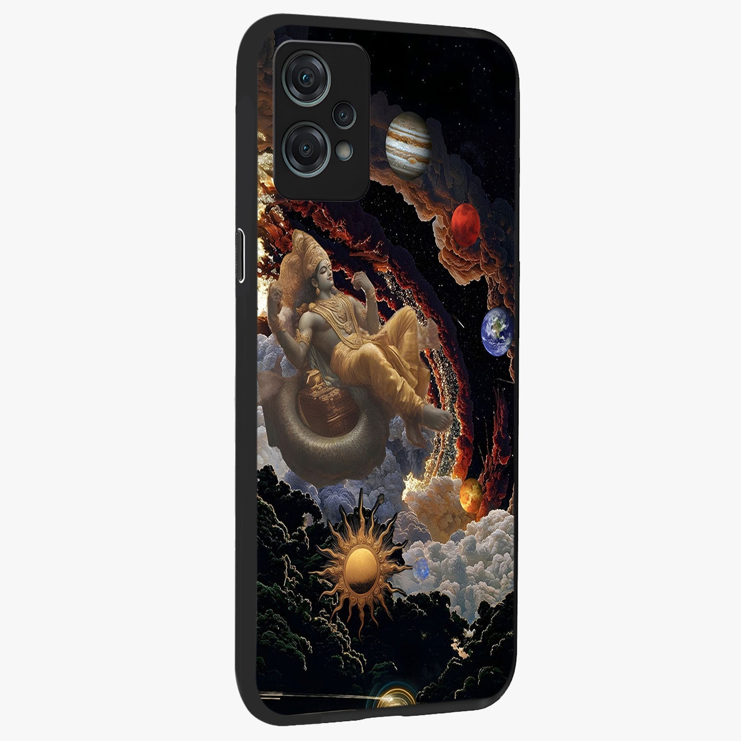 Galactic Divine God Glass Case for 1+Nord Ce 2 Lite side perspective highlighting intricate divine detailing and premium edge finish