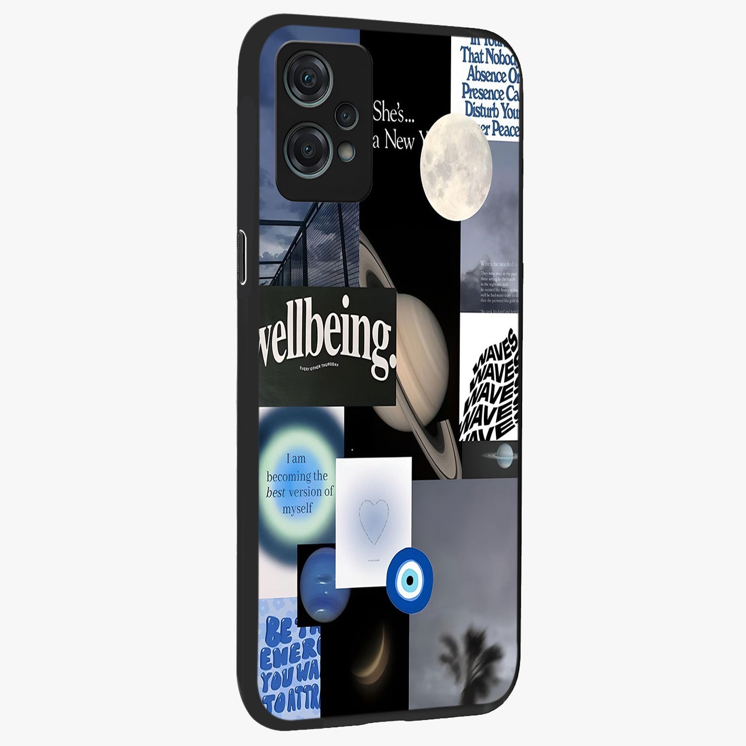 Galactic Energy Collage Glass Case for 1+Nord Ce 2 Lite side perspective highlighting bold abstract detailing and sleek build