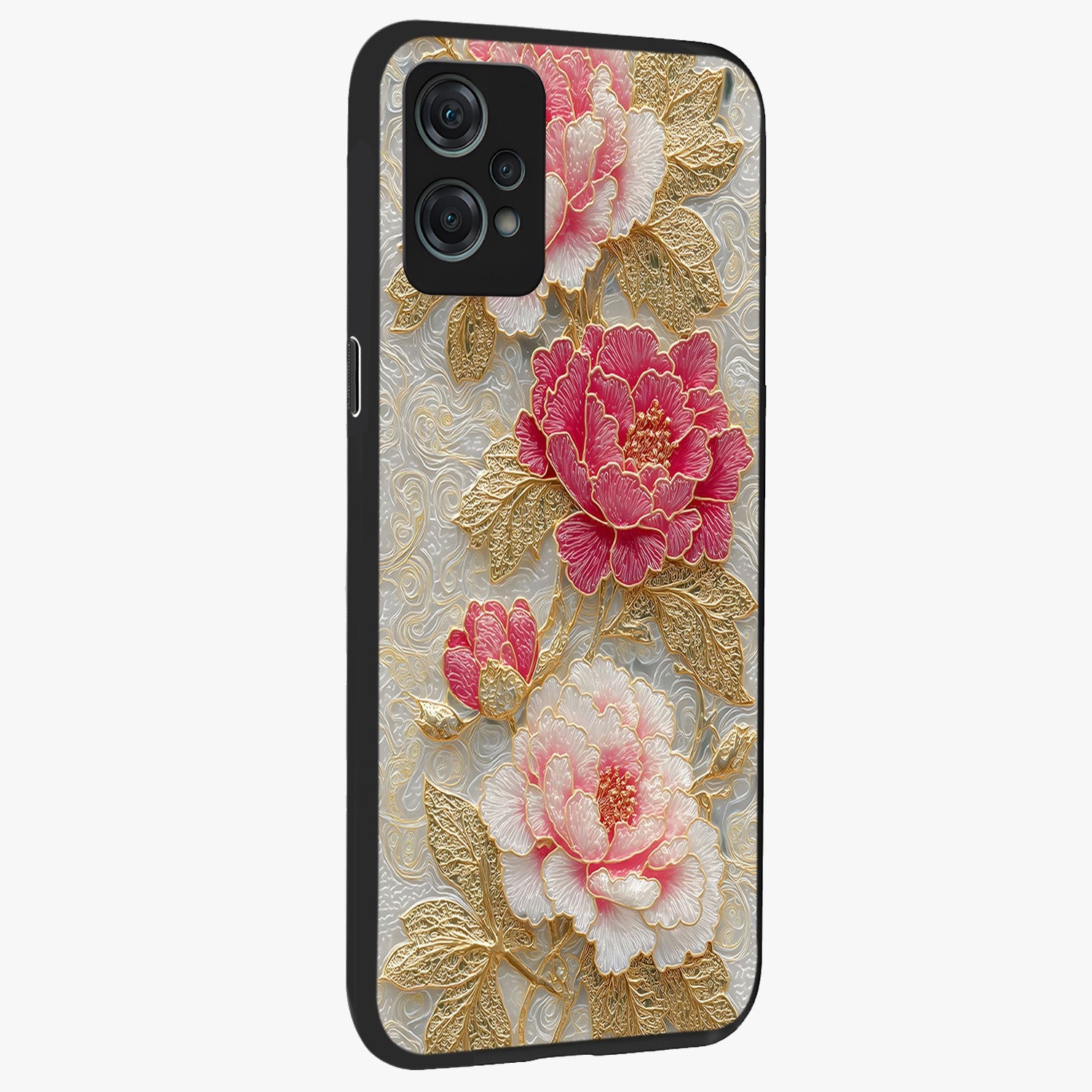 Golden Blossom Elegance Glass Case for 1+Nord Ce 2 Lite side perspective highlighting delicate floral textures and sleek build
