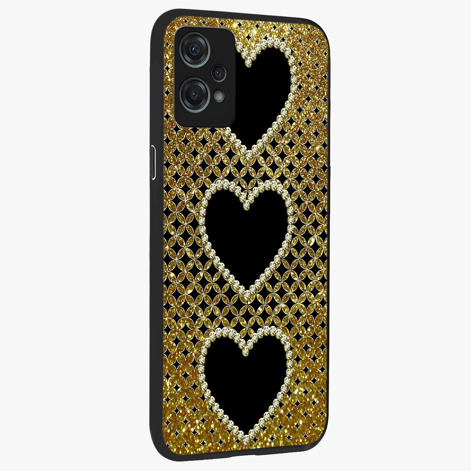 Golden Heart Glow Glass Case for 1+Nord Ce 2 Lite side perspective highlighting smooth heart detailing and premium edges