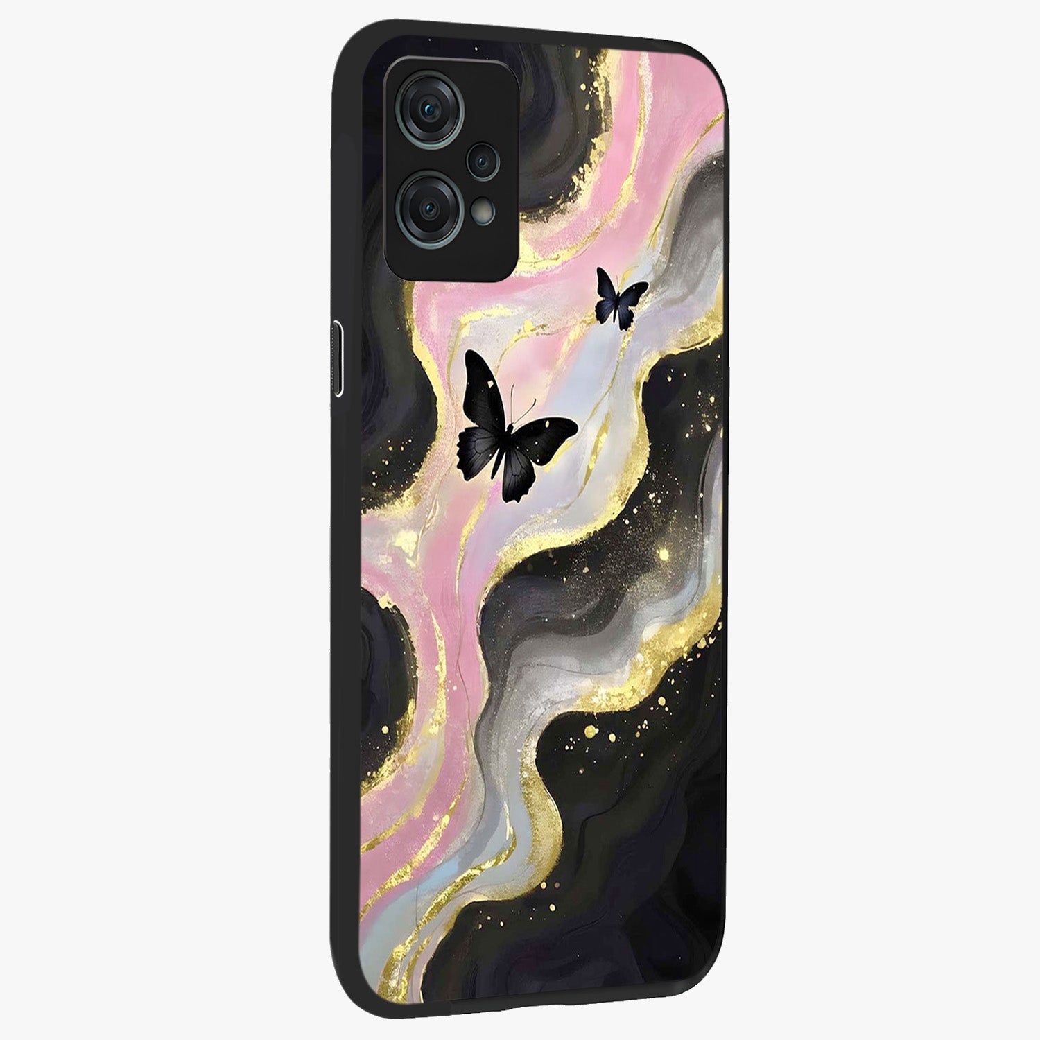 Golden Mist Butterflies Glass Case for 1+Nord Ce 2 Lite side perspective highlighting delicate wing textures and premium edges