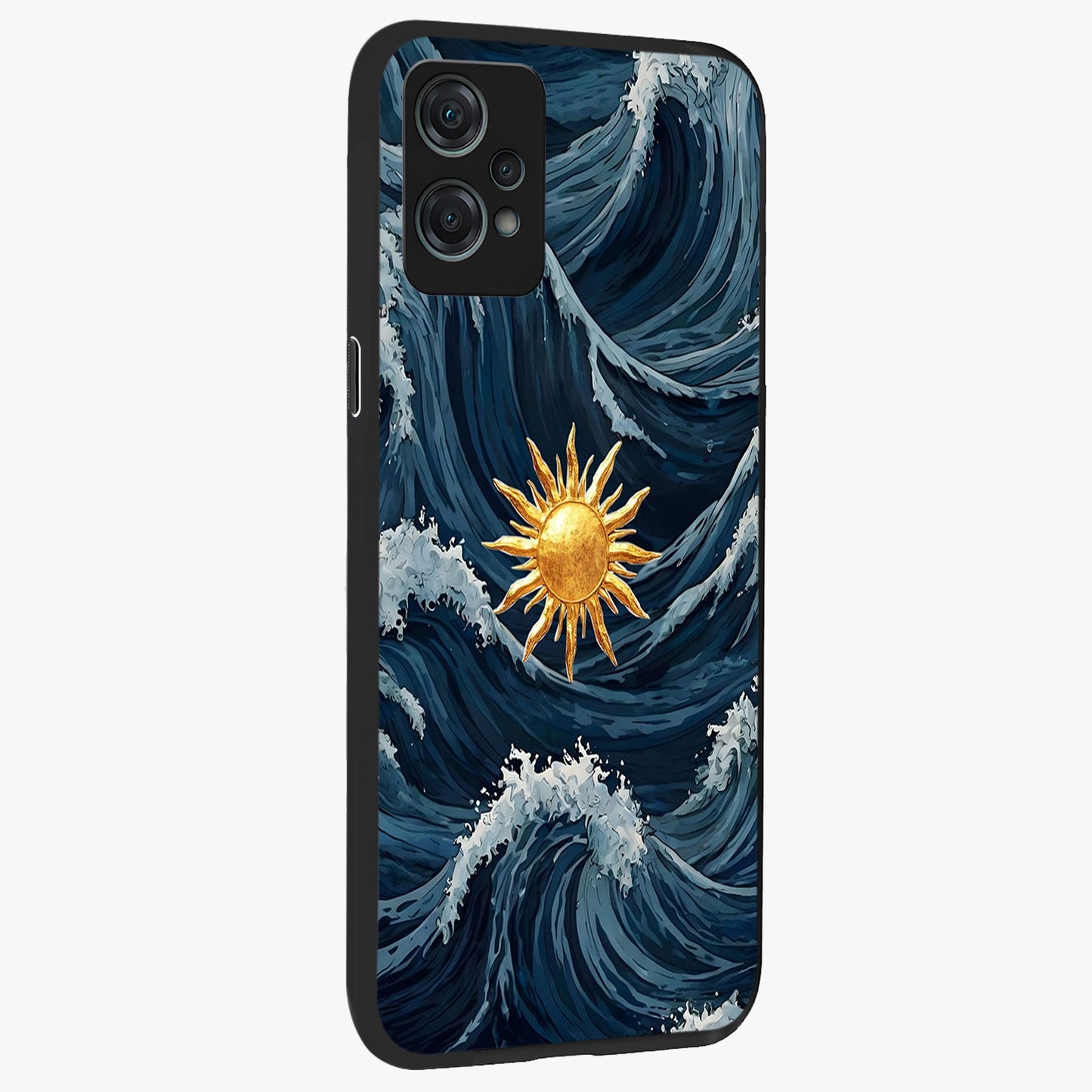 Golden Wave Rise Glass Case for 1+Nord Ce 2 Lite side perspective highlighting smooth wave textures and premium edges