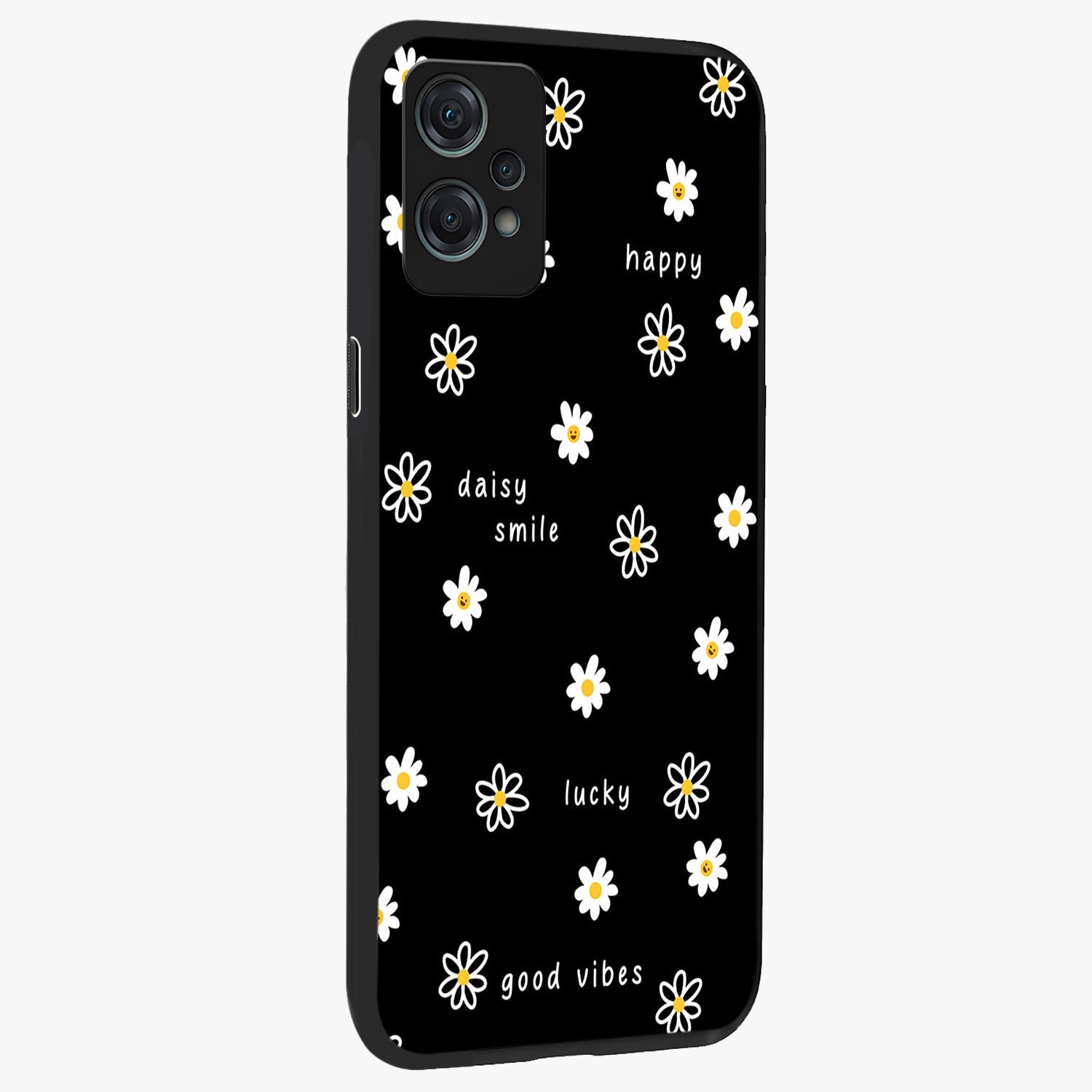 Good Vibes Daisy Black Pattern Glass Case for 1+Nord Ce 2 Lite side perspective highlighting playful daisy detailing and smooth edges