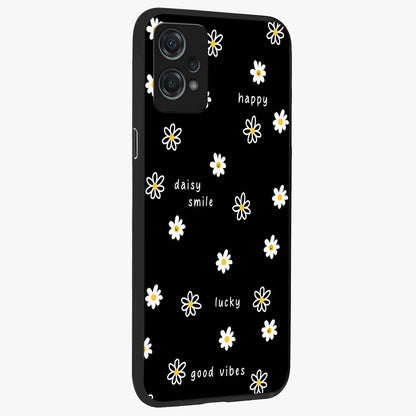 Good Vibes Daisy Black Pattern Glass Case for 1+Nord Ce 2 Lite side perspective highlighting playful daisy detailing and smooth edges