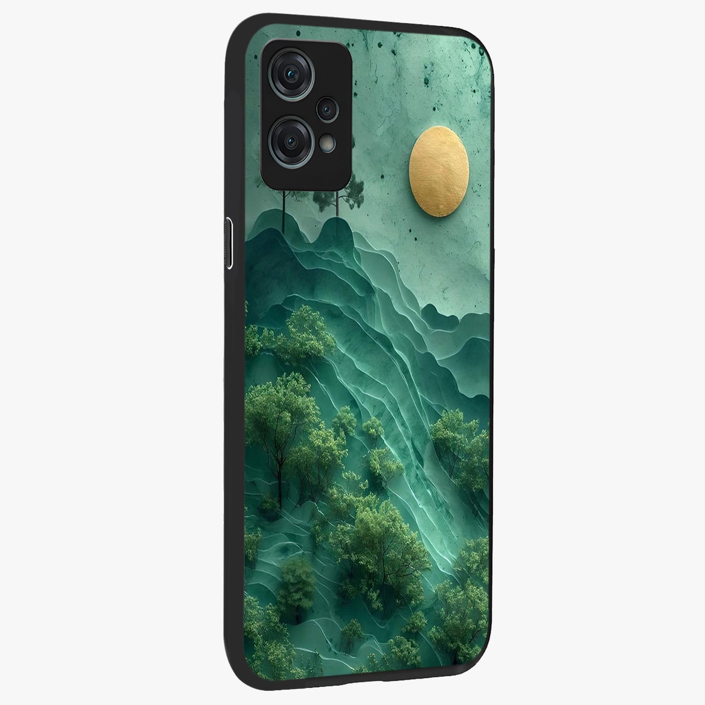Green Hills With Sun Glass Case for 1+Nord Ce 2 Lite side perspective highlighting serene landscape textures and premium build