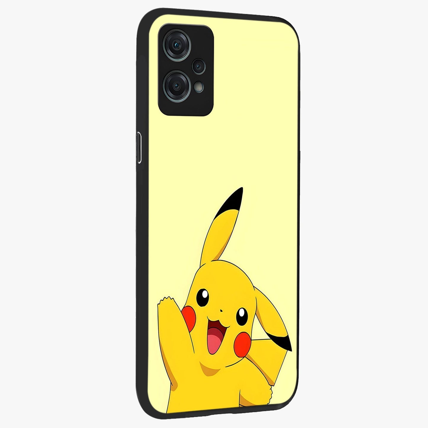 Happy Electric Pikachu Glass Case for 1+Nord Ce 2 Lite side perspective highlighting lively character detailing and sleek build