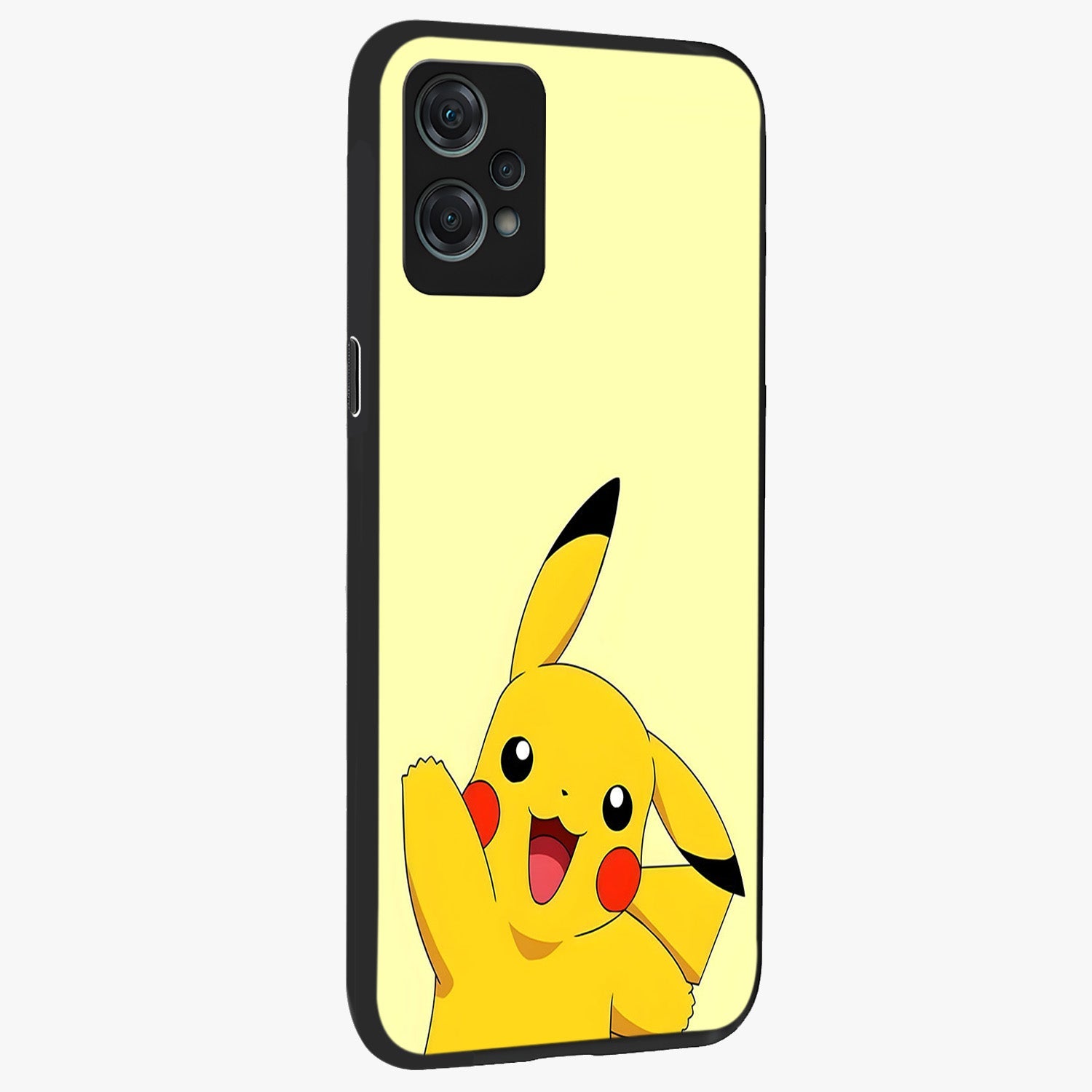 Happy Electric Pikachu Glass Case for 1+Nord Ce 2 Lite side perspective highlighting lively character detailing and sleek build