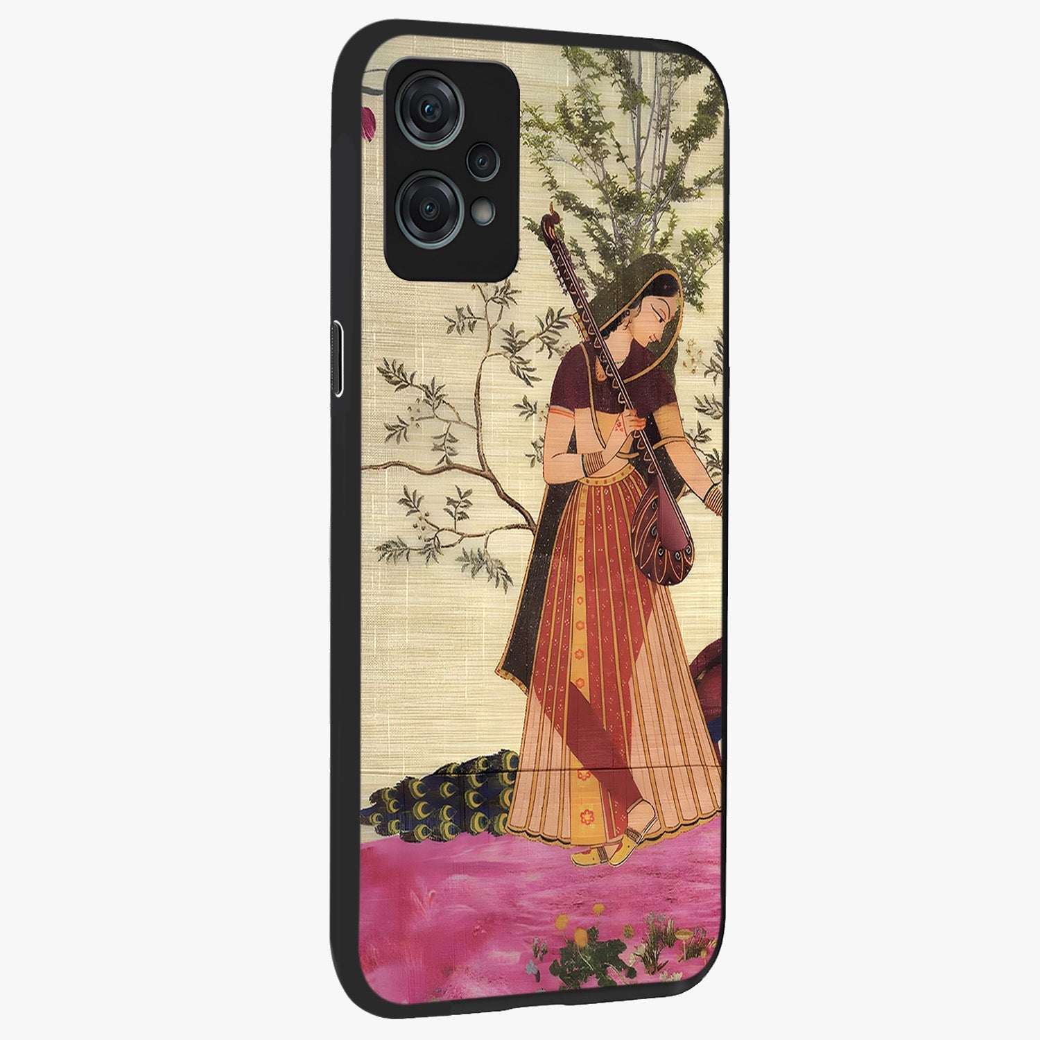 Lady With Veena Art Glass Case for 1+Nord Ce 2 Lite side perspective highlighting graceful illustration textures and sleek build