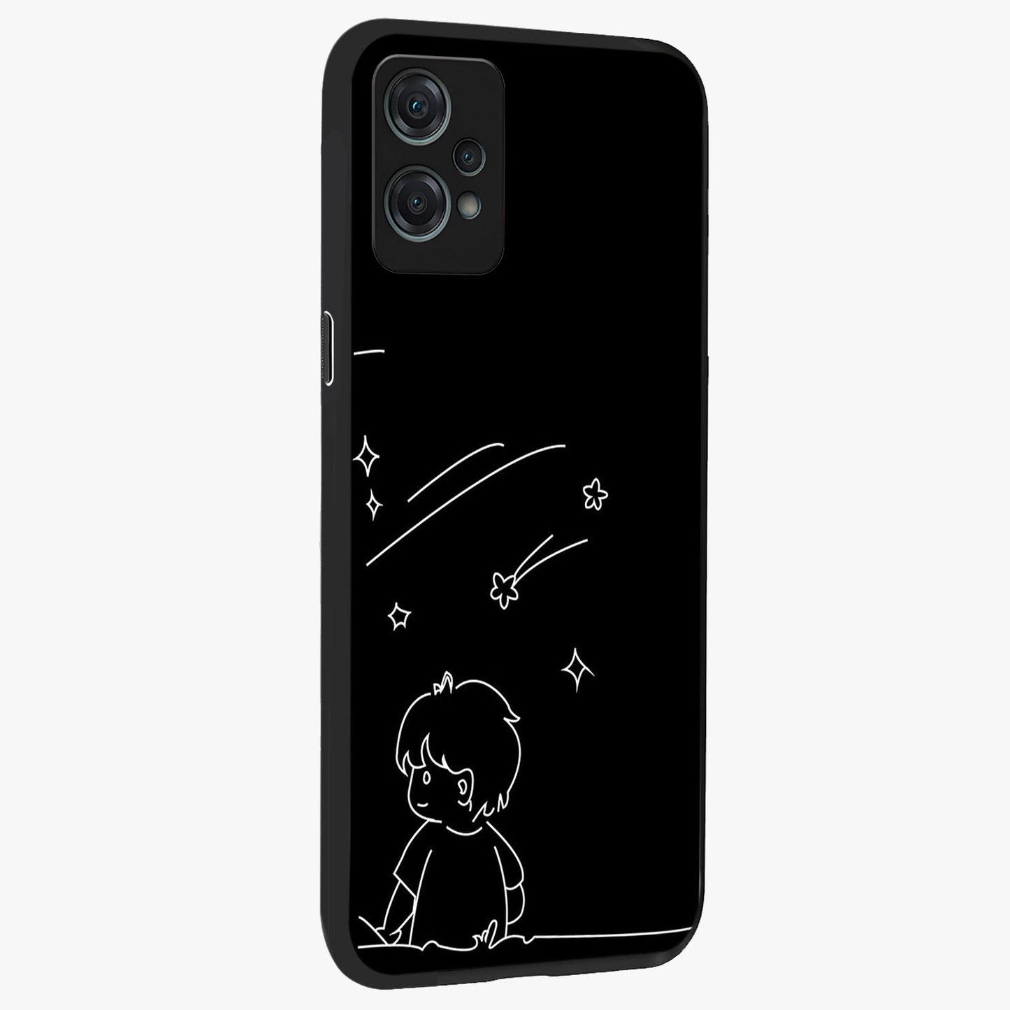 Line Art Boy With Shooting Stars Glass Case for 1+Nord Ce 2 Lite side perspective highlighting delicate line textures and smooth edges