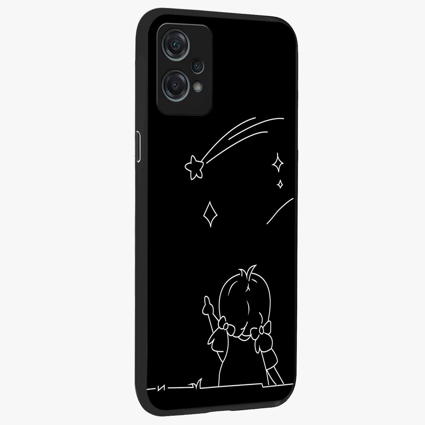 Line Art Girl With Shooting Stars Glass Case for 1+Nord Ce 2 Lite side perspective highlighting subtle star textures and premium build