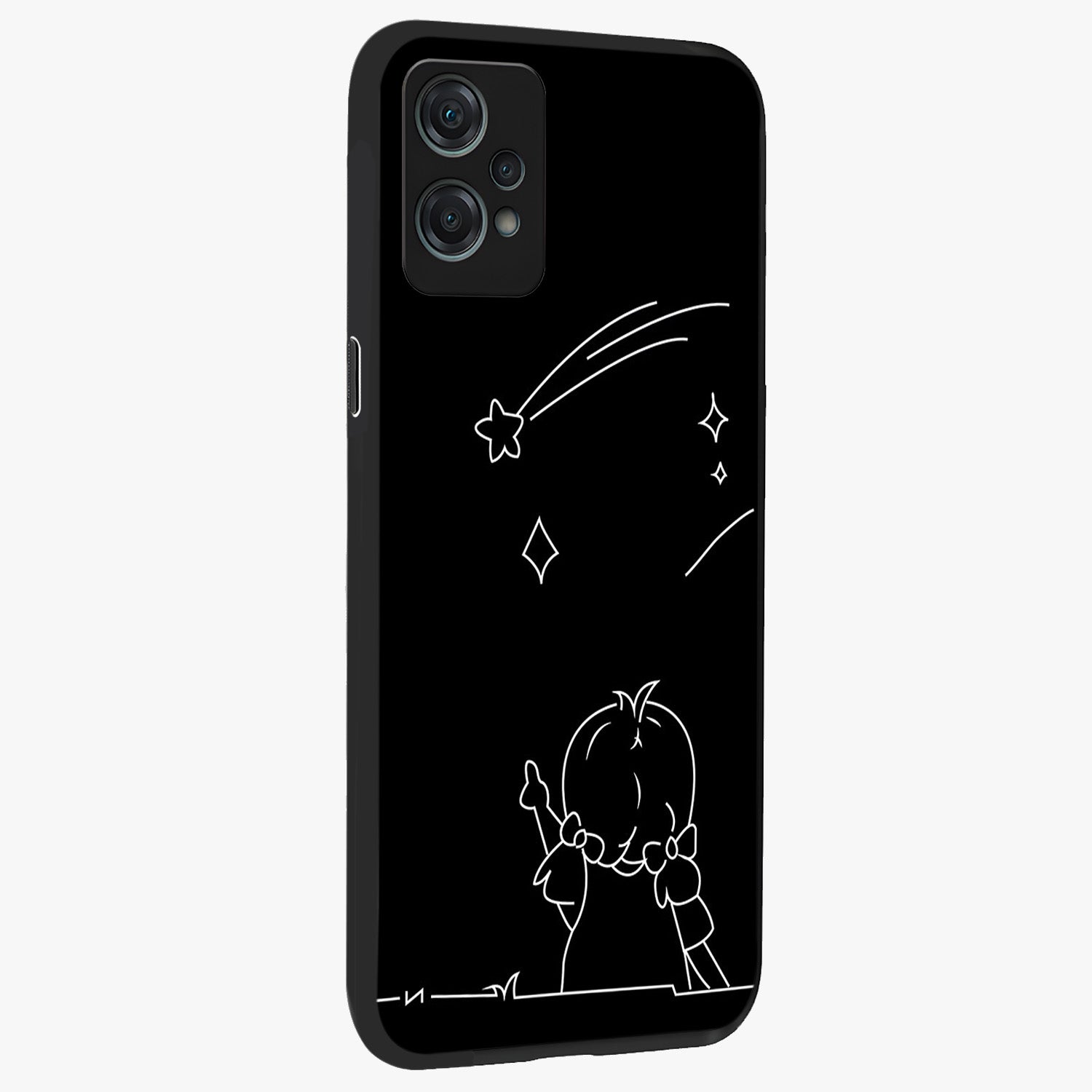 Line Art Girl With Shooting Stars Glass Case for 1+Nord Ce 2 Lite side perspective highlighting subtle star textures and premium build