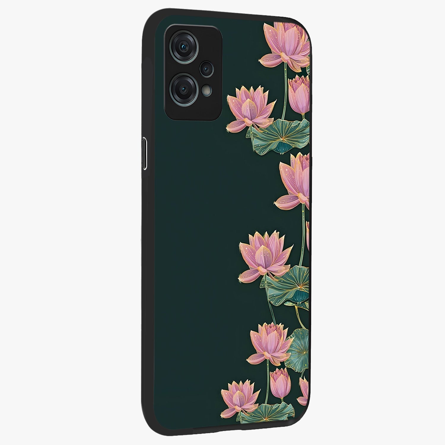 Lotus Bloom Serenity Glass Case for 1+Nord Ce 2 Lite side perspective highlighting delicate petal textures and premium edges