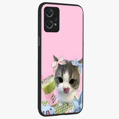 Love Matcha Cat Glass Case for 1+Nord Ce 2 Lite side perspective highlighting charming feline textures and smooth edges