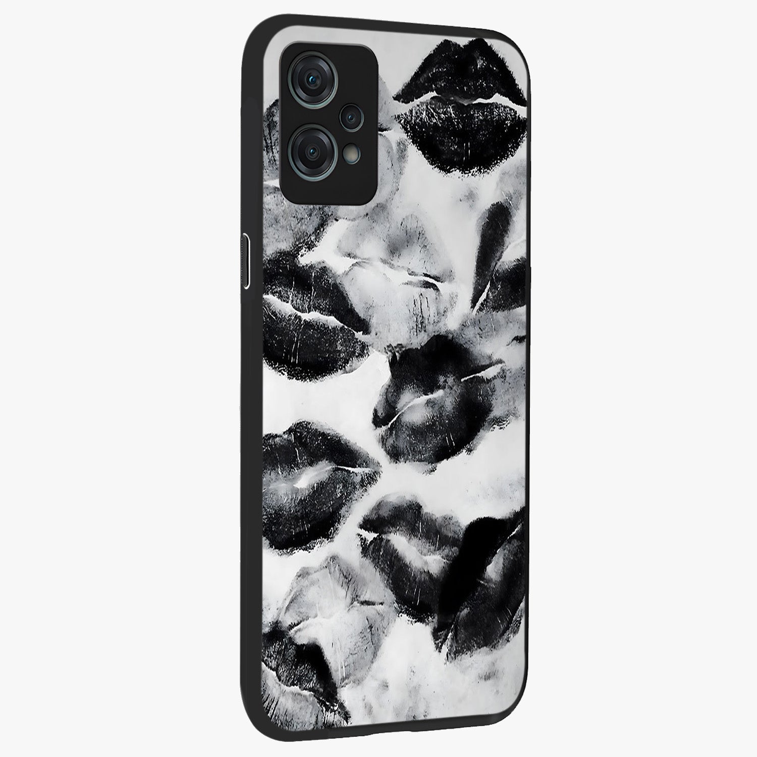 Midnight Kiss Marks Glass Case for 1+Nord Ce 2 Lite side perspective highlighting playful detailing and premium edge finish