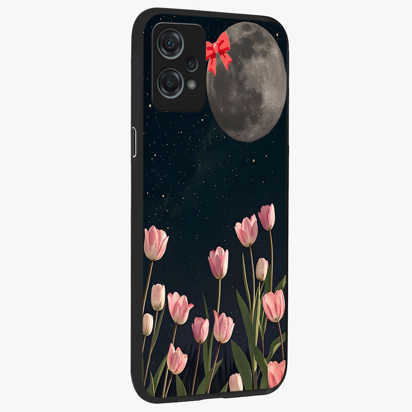 Moonlit Night Tulip Glass Case for 1+Nord Ce 2 Lite side perspective highlighting delicate petal textures and sleek build