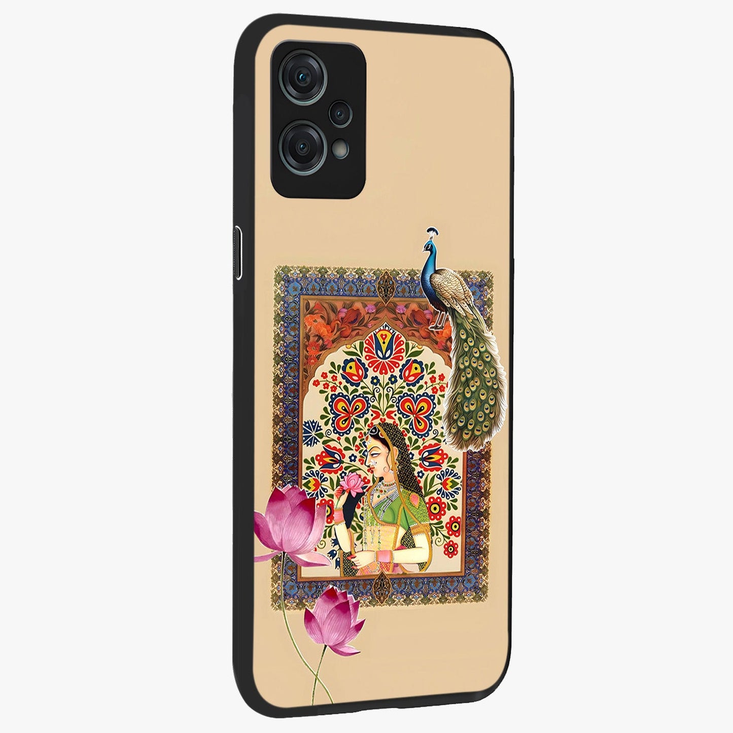 Mughal Princess and Peacock Glass Case for 1+Nord Ce 2 Lite side perspective highlighting detailed cultural textures and smooth premium build