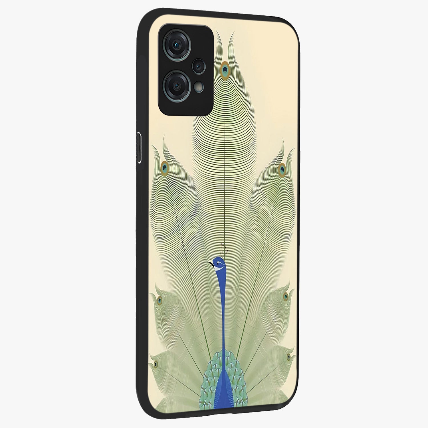 Peacock Feather Grace Glass Case for 1+Nord Ce 2 Lite side perspective highlighting intricate plume textures and premium edges
