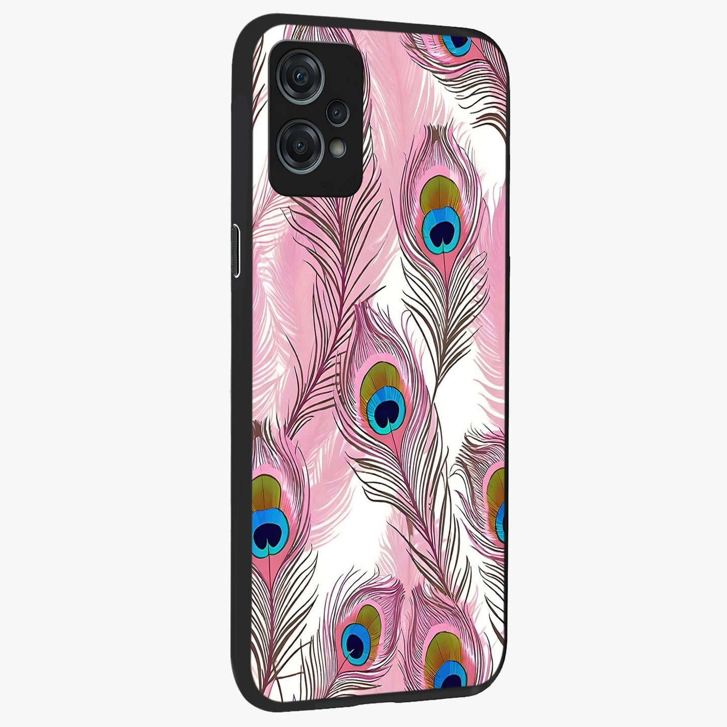 Peacock Feathers Floating Glass Case for 1+Nord Ce 2 Lite side perspective highlighting soft feather textures and smooth build
