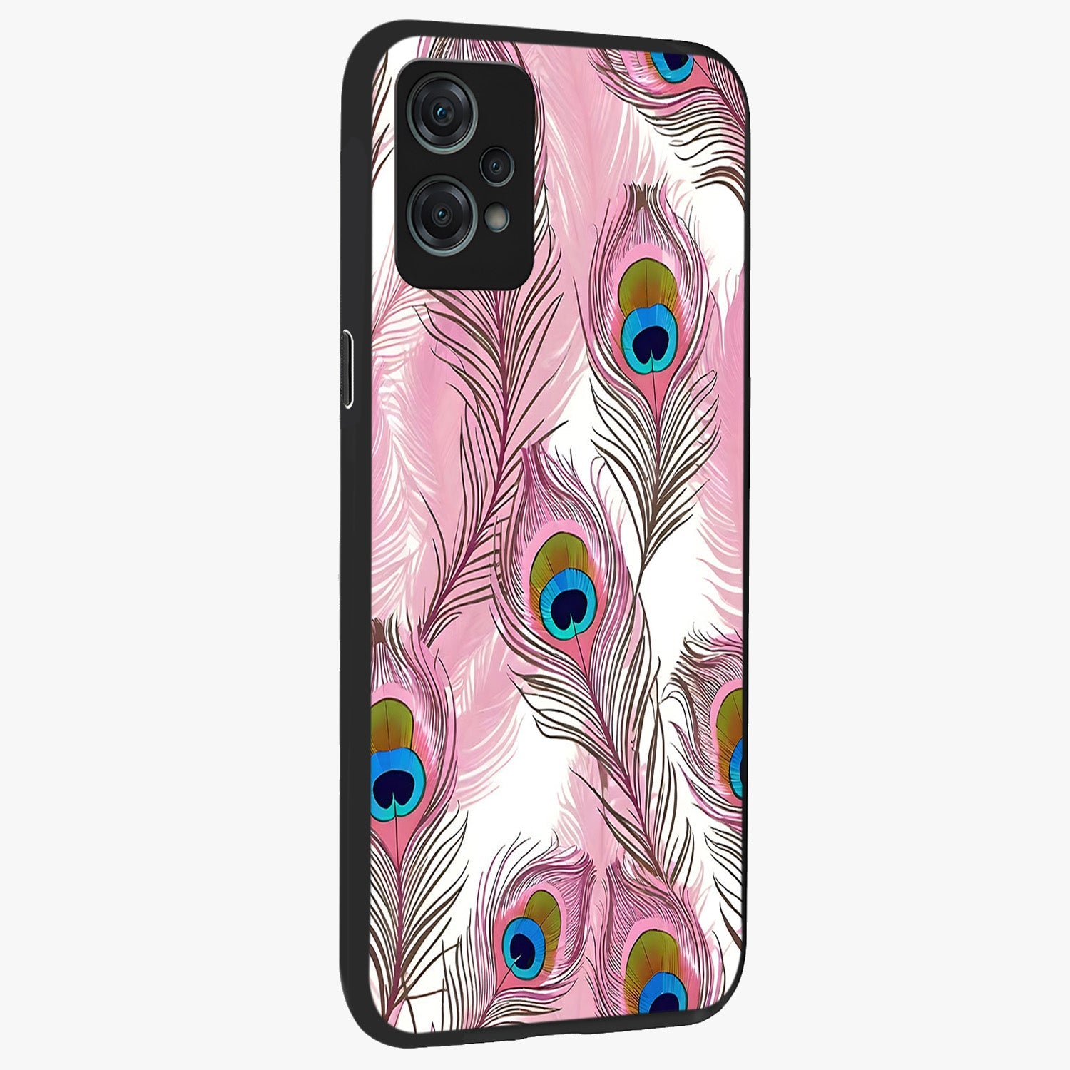 Peacock Feathers Floating Glass Case for 1+Nord Ce 2 Lite side perspective highlighting soft feather textures and smooth build