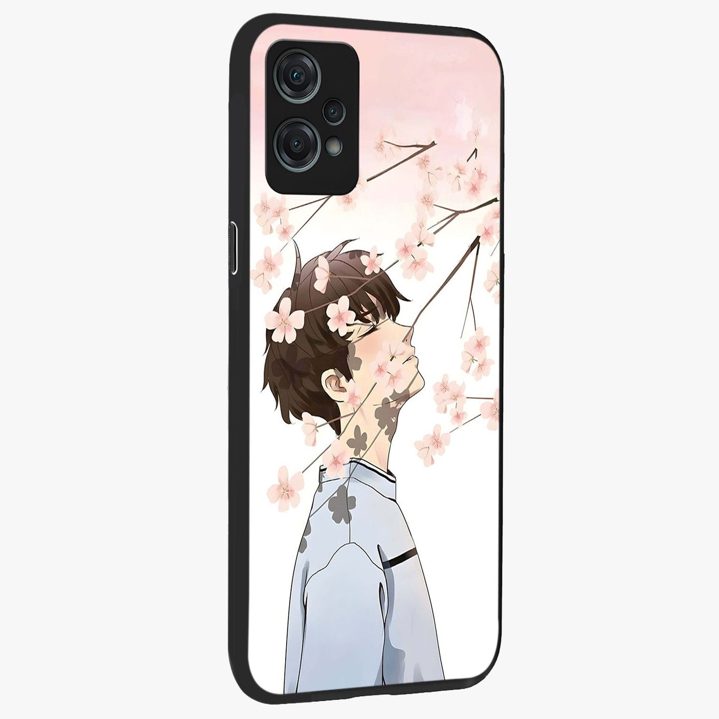 Pink Blossom Boy Glass Case for 1+Nord Ce 2 Lite side perspective highlighting delicate floral textures and sleek build