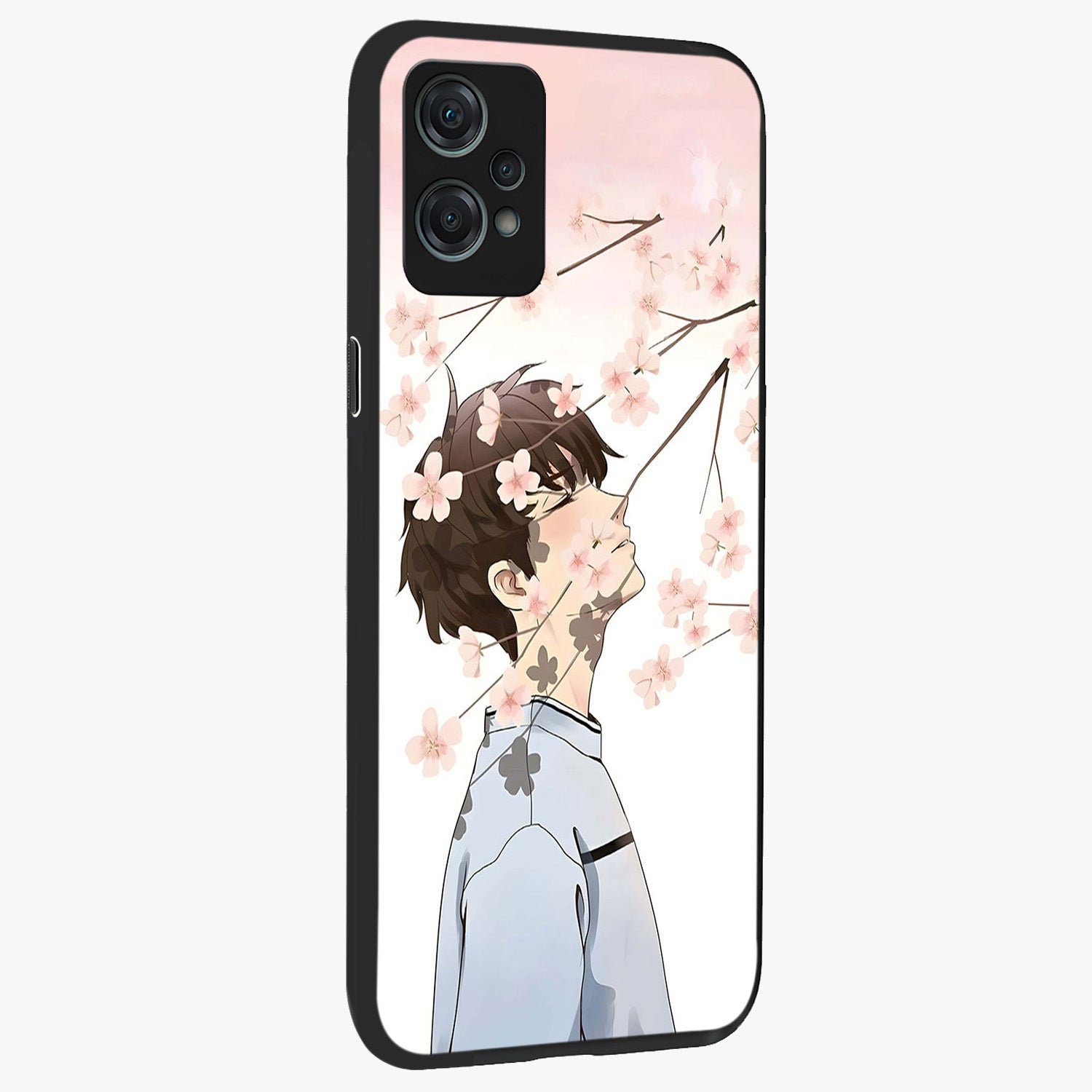 Pink Blossom Boy Glass Case for 1+Nord Ce 2 Lite side perspective highlighting delicate floral textures and sleek build