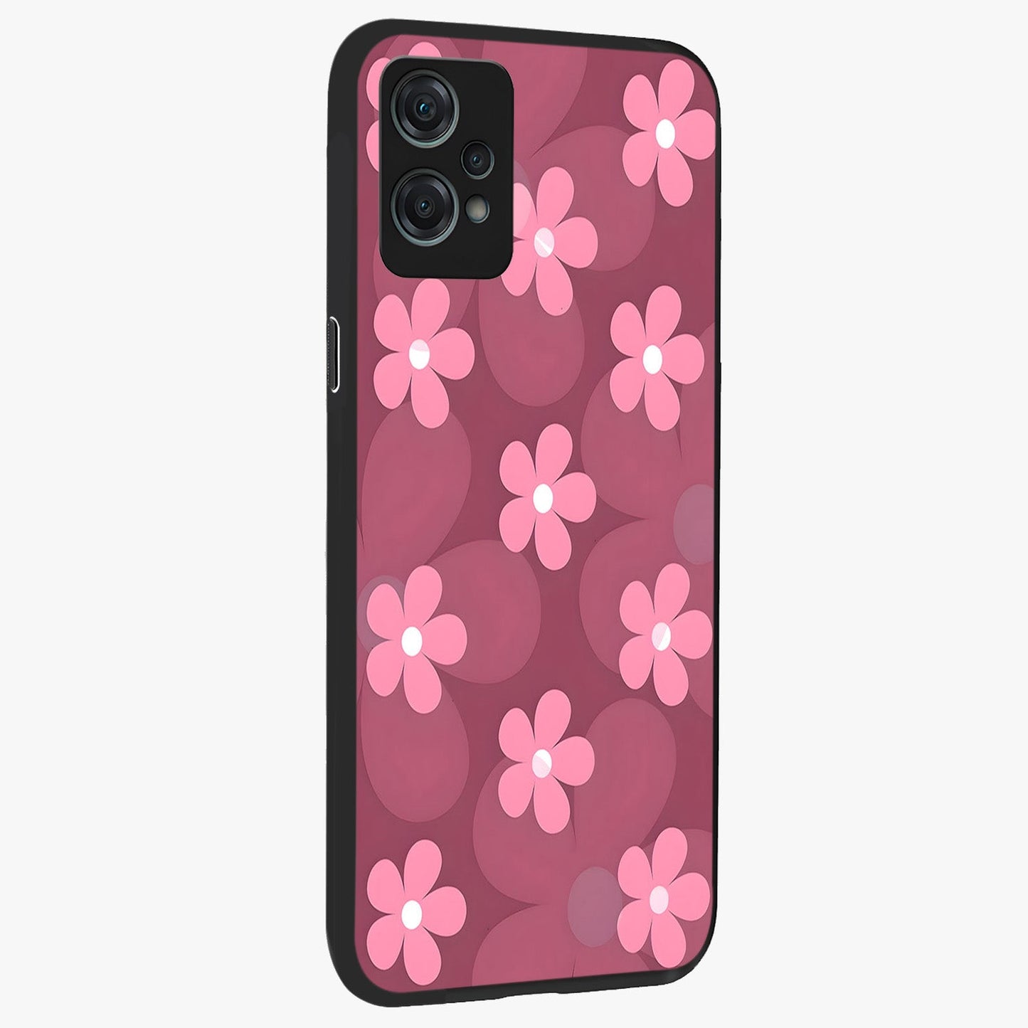 Pink Daisy Flower Pattern Glass Case for 1+Nord Ce 2 Lite side perspective highlighting bright floral textures and smooth build