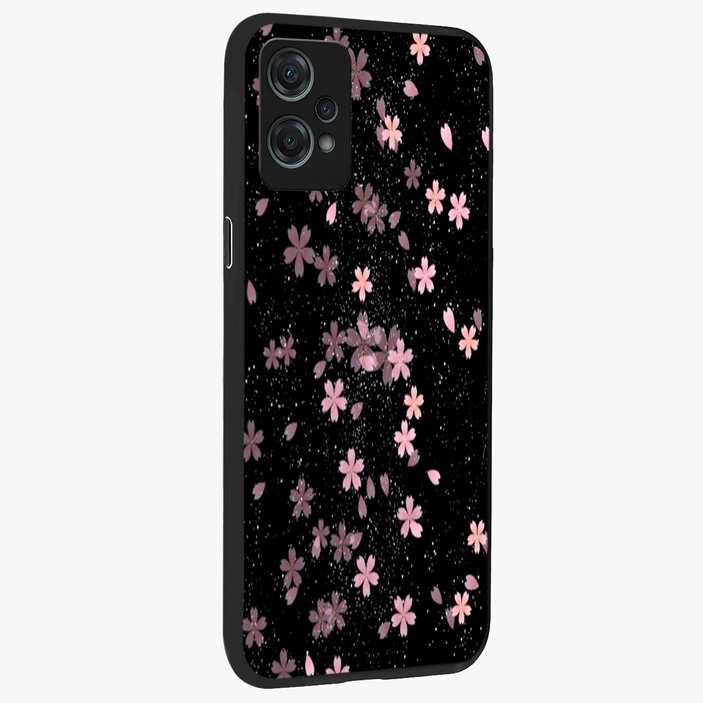 Pink Flower Black Background Glass Case for 1+Nord Ce 2 Lite side perspective highlighting vivid bloom textures and sleek build