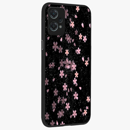 Pink Flower Black Background Glass Case for 1+Nord Ce 2 Lite side perspective highlighting vivid bloom textures and sleek build