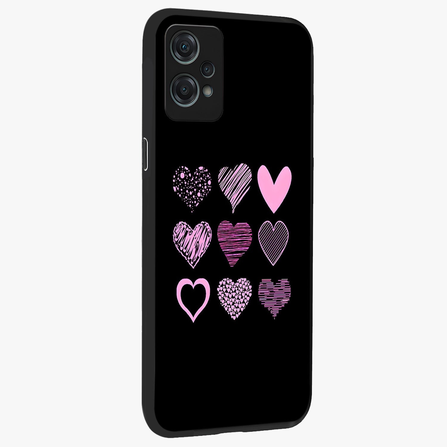 Pink Heart Aesthetic Glass Case for 1+Nord Ce 2 Lite side perspective highlighting smooth textures and premium edge finish