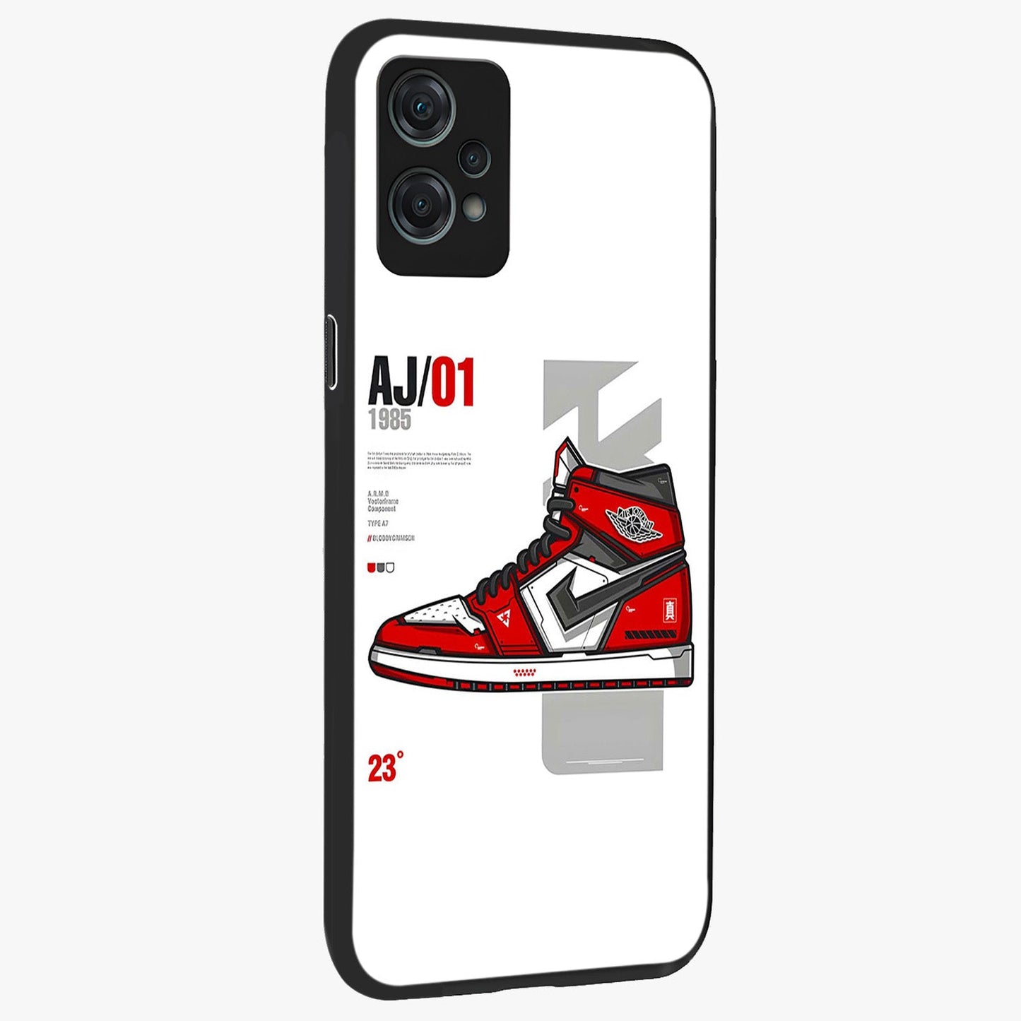 Retro Sneaker Blueprint Glass Case for 1+Nord Ce 2 Lite side perspective highlighting sharp graphic textures and sleek build