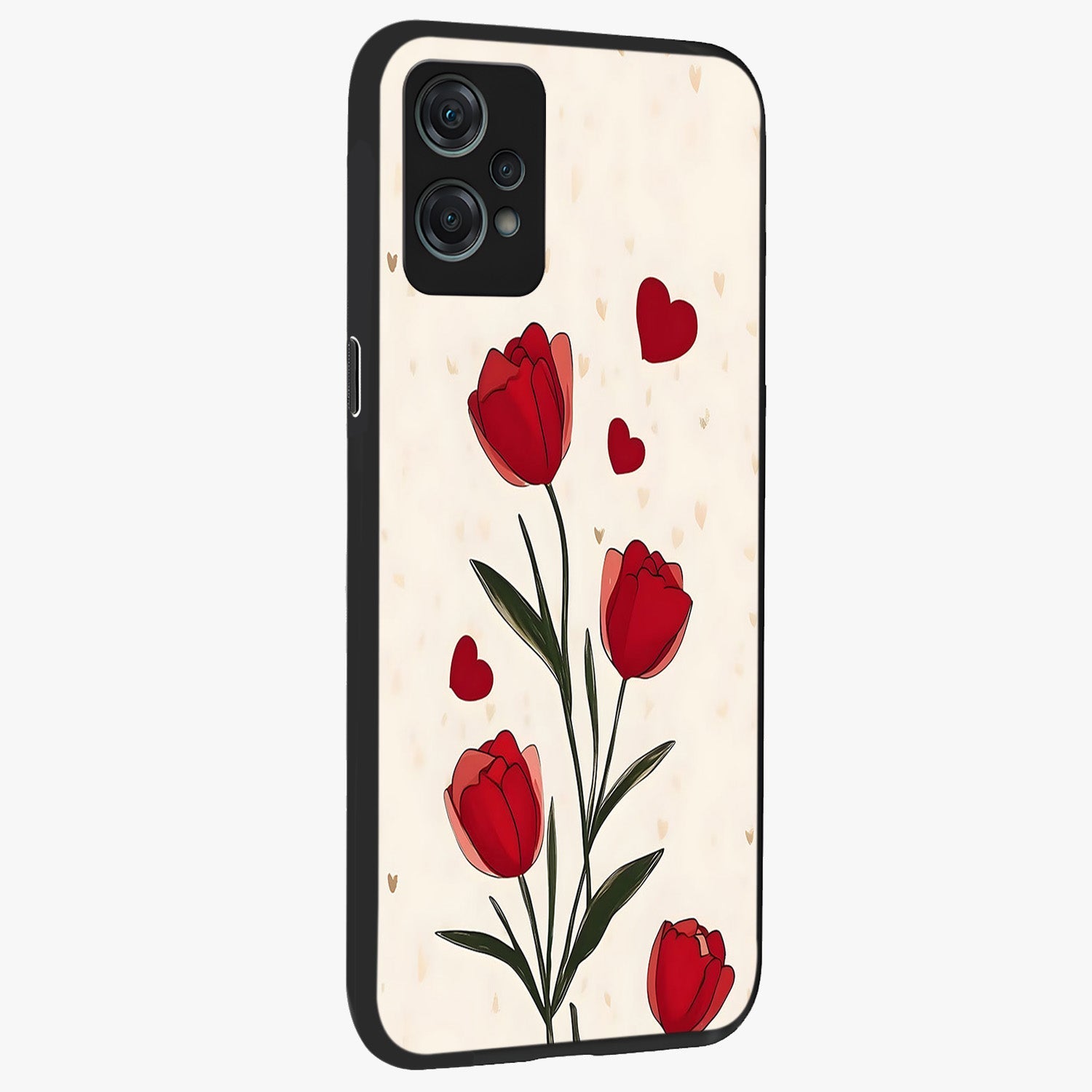 Romantic Tulip Hearts Glass Case for 1+Nord Ce 2 Lite side perspective highlighting delicate bloom textures and premium edges